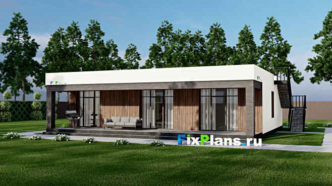 Проект одноэтажного дома F-5201 — вид со двора