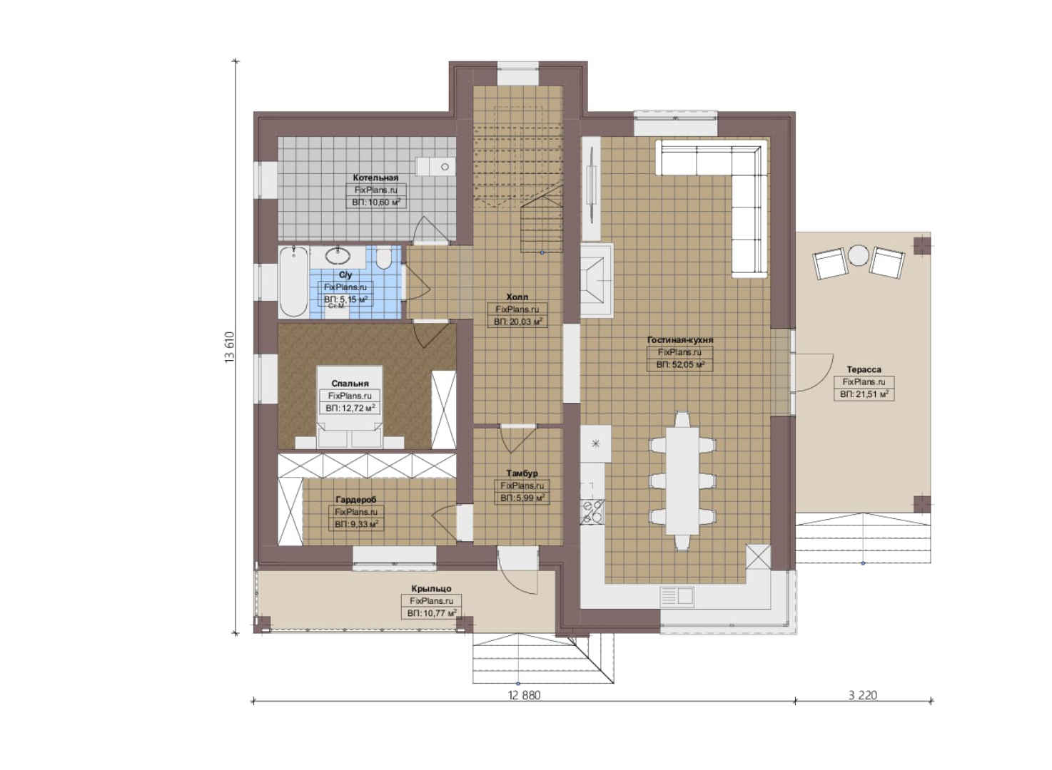 Планировка 1-го этажа, Проект двухэтажного дома F-1907