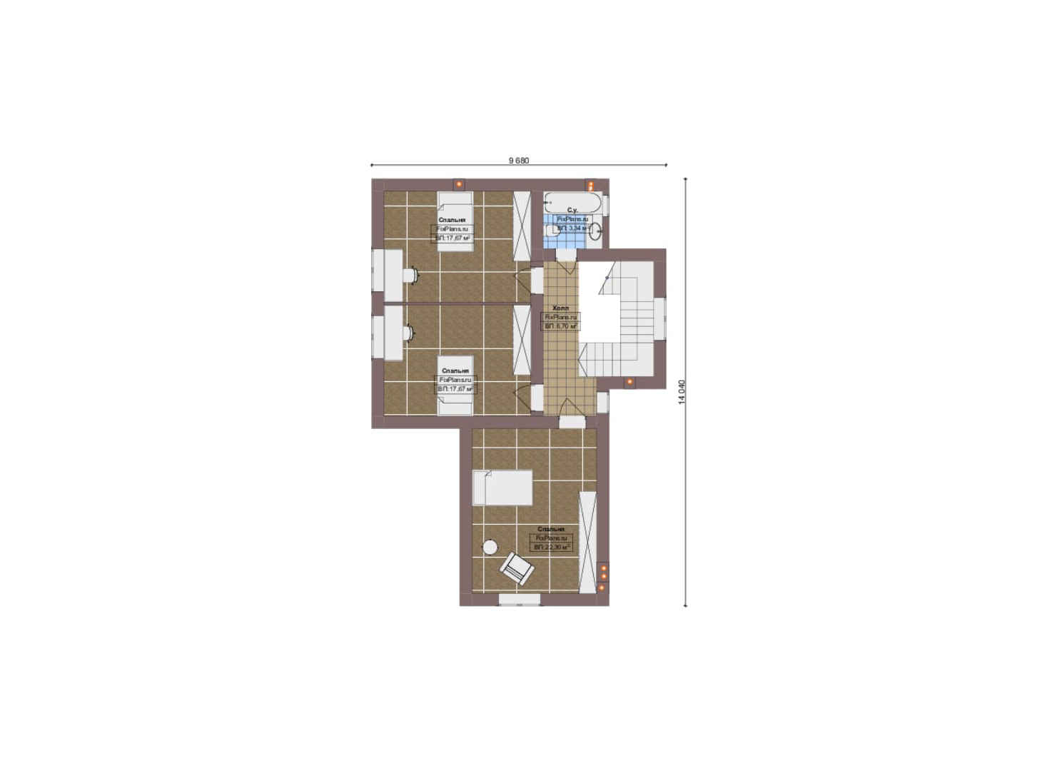 Планировка 2-го этажа, Проект дома с мансардой F-20366